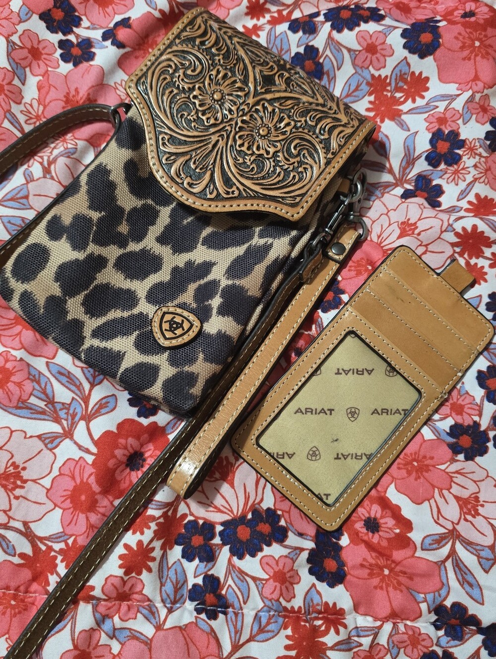 Ariat Leopard Canvas Crossbody with Tooled Leather Flap in Tan and Brown